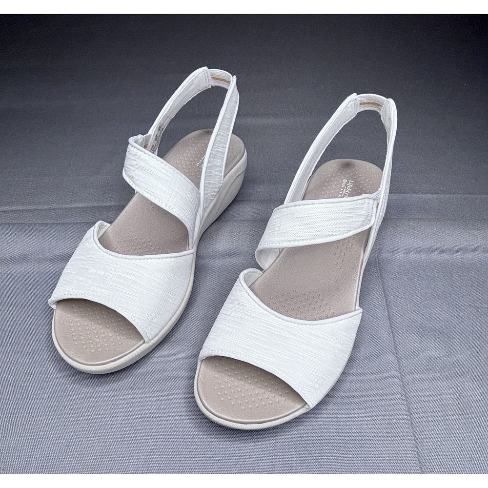 LifeStride Cheerful White Fabric Wedge Sandals Size 9.5M NIB Stretchy Sporty